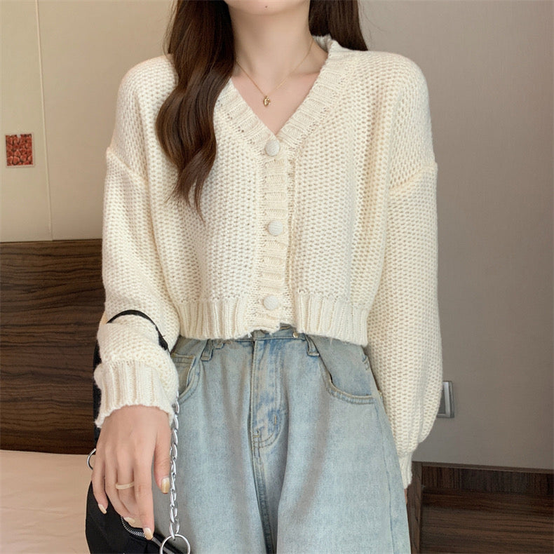 Button Down Long Sleeve V-neck Knitted Cardigan Top