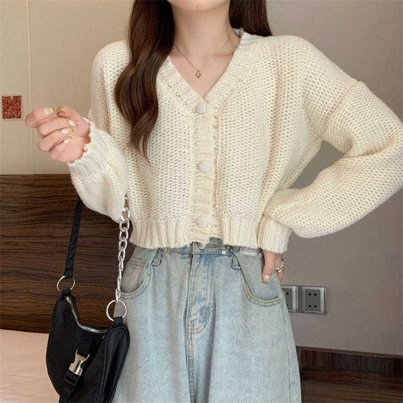 Button Down Long Sleeve V-neck Knitted Cardigan Top