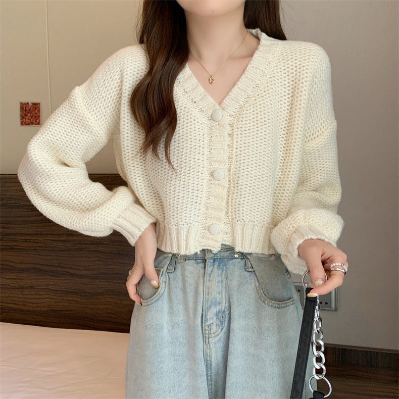 Button Down Long Sleeve V-neck Knitted Cardigan Top