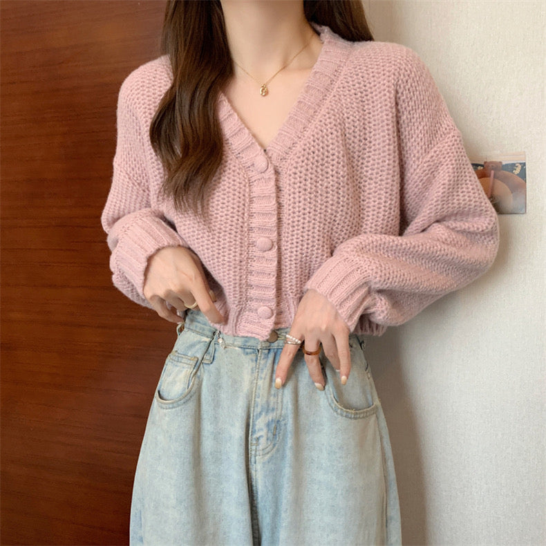 Button Down Long Sleeve V-neck Knitted Cardigan Top