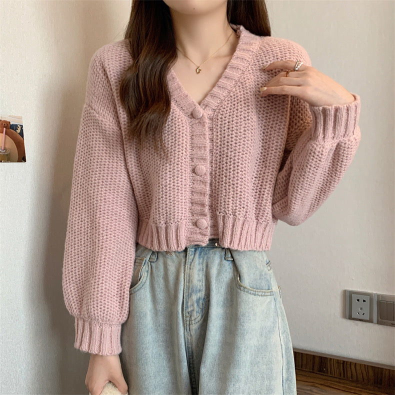 Button Down Long Sleeve V-neck Knitted Cardigan Top