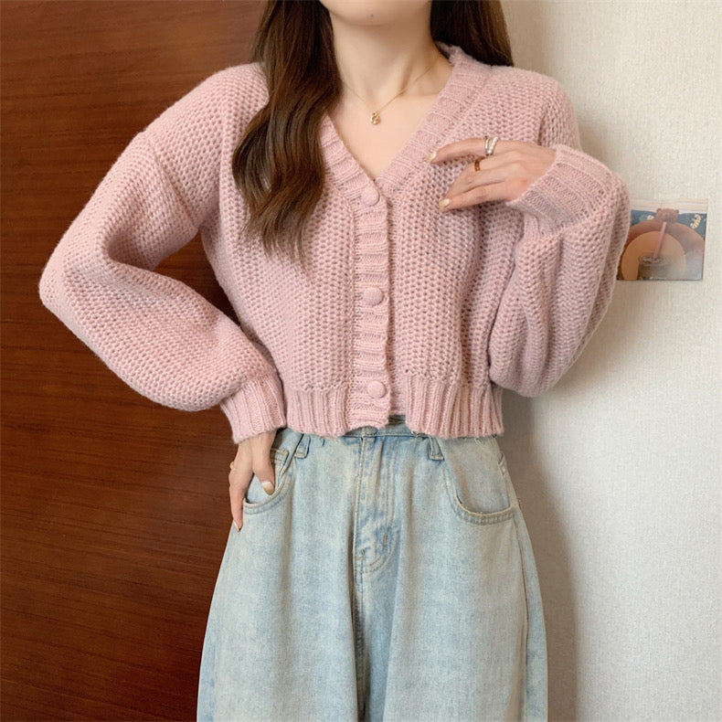 Button Down Long Sleeve V-neck Knitted Cardigan Top