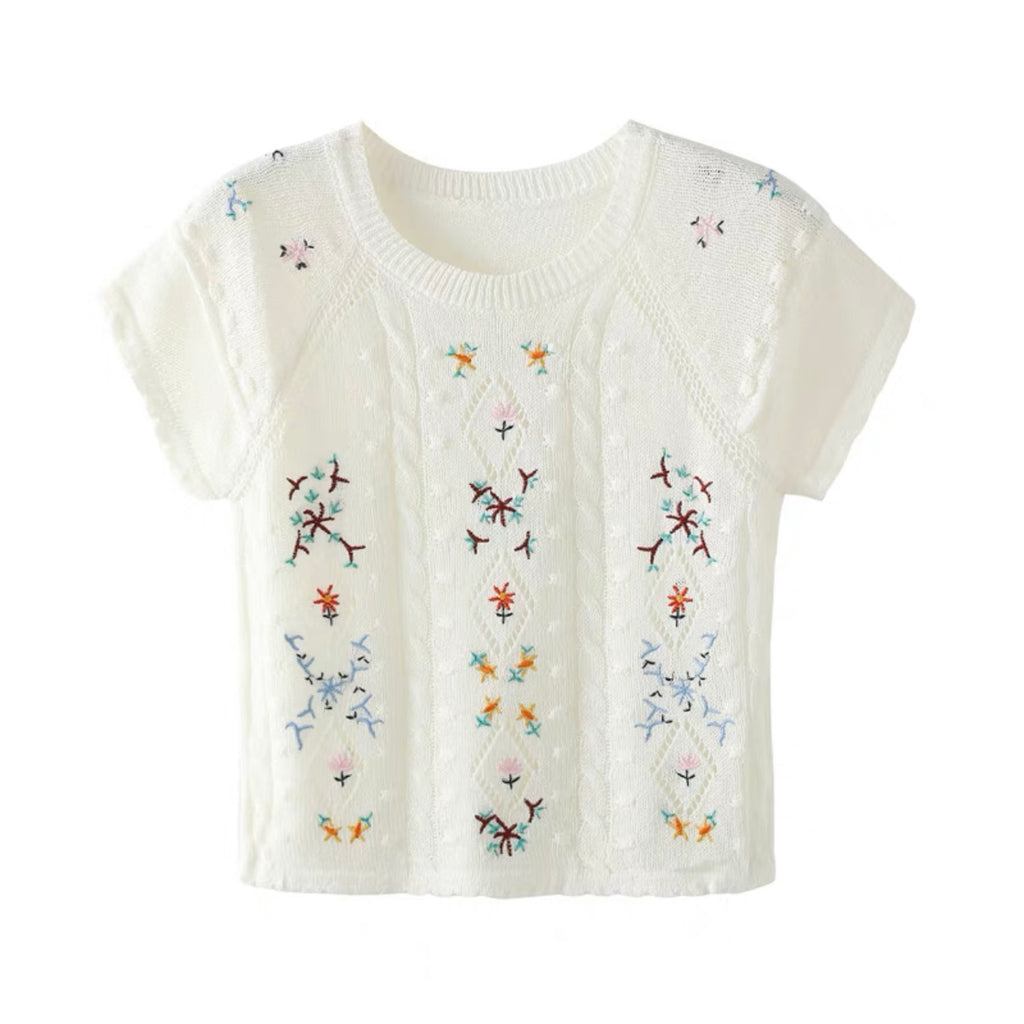 Embroidered Little Floral Pattern Knitted Top