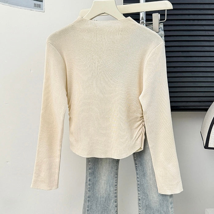 Mid Turtle Neck Ribbon Detail Long Sleeve Elastic Ruched Side Knitted Top