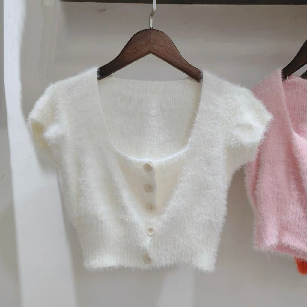 Rabbit Fur Soft Knitted Square Neck Button Down Crop Top