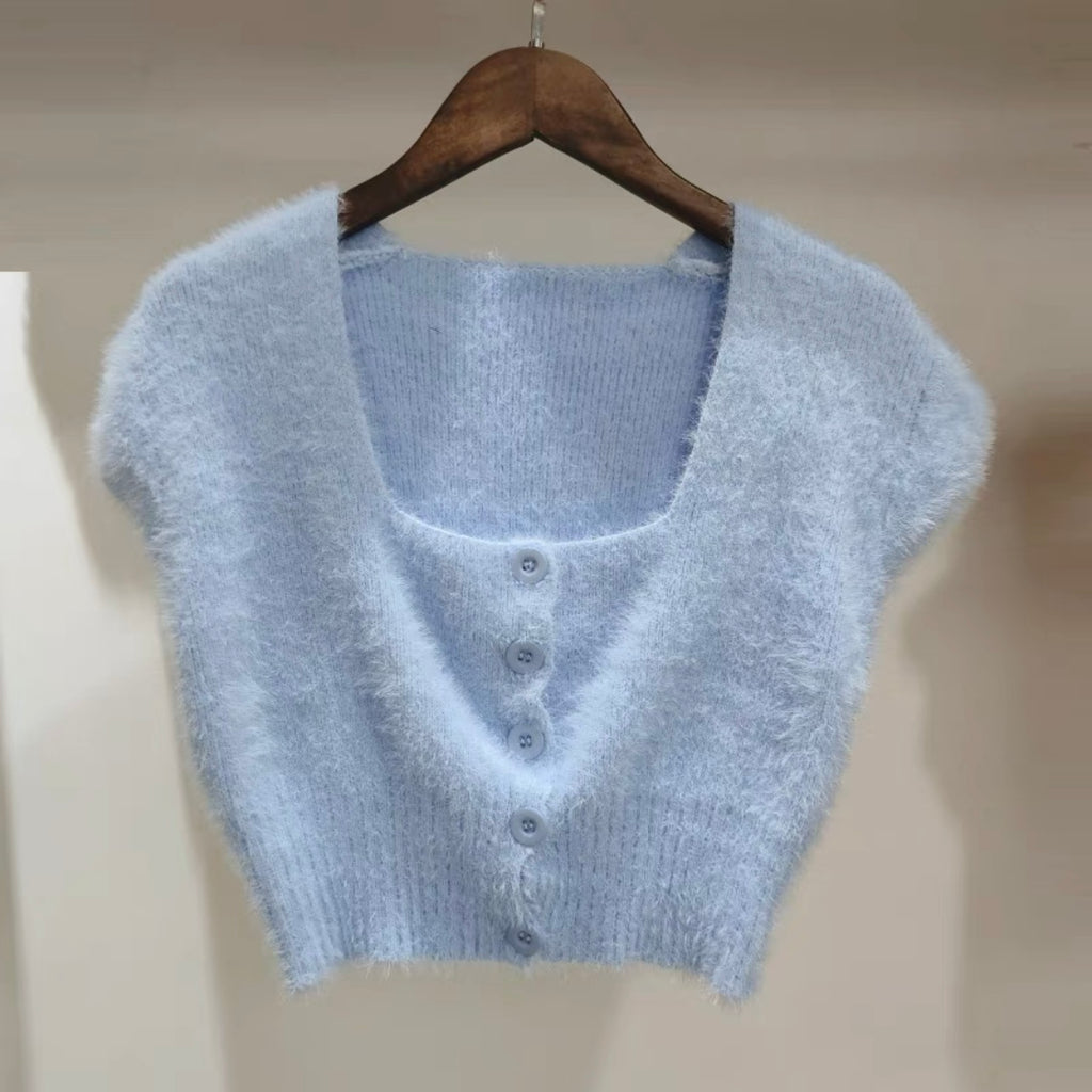 Rabbit Fur Soft Knitted Square Neck Button Down Crop Top