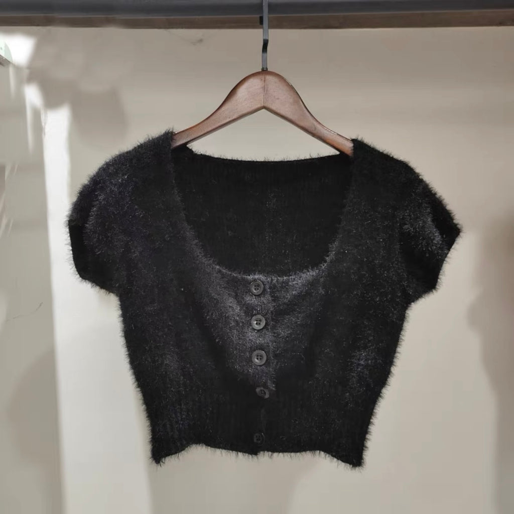 Rabbit Fur Soft Knitted Square Neck Button Down Crop Top