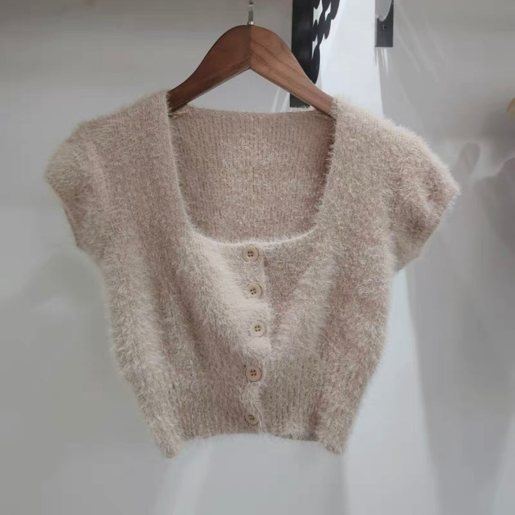 Rabbit Fur Soft Knitted Square Neck Button Down Crop Top