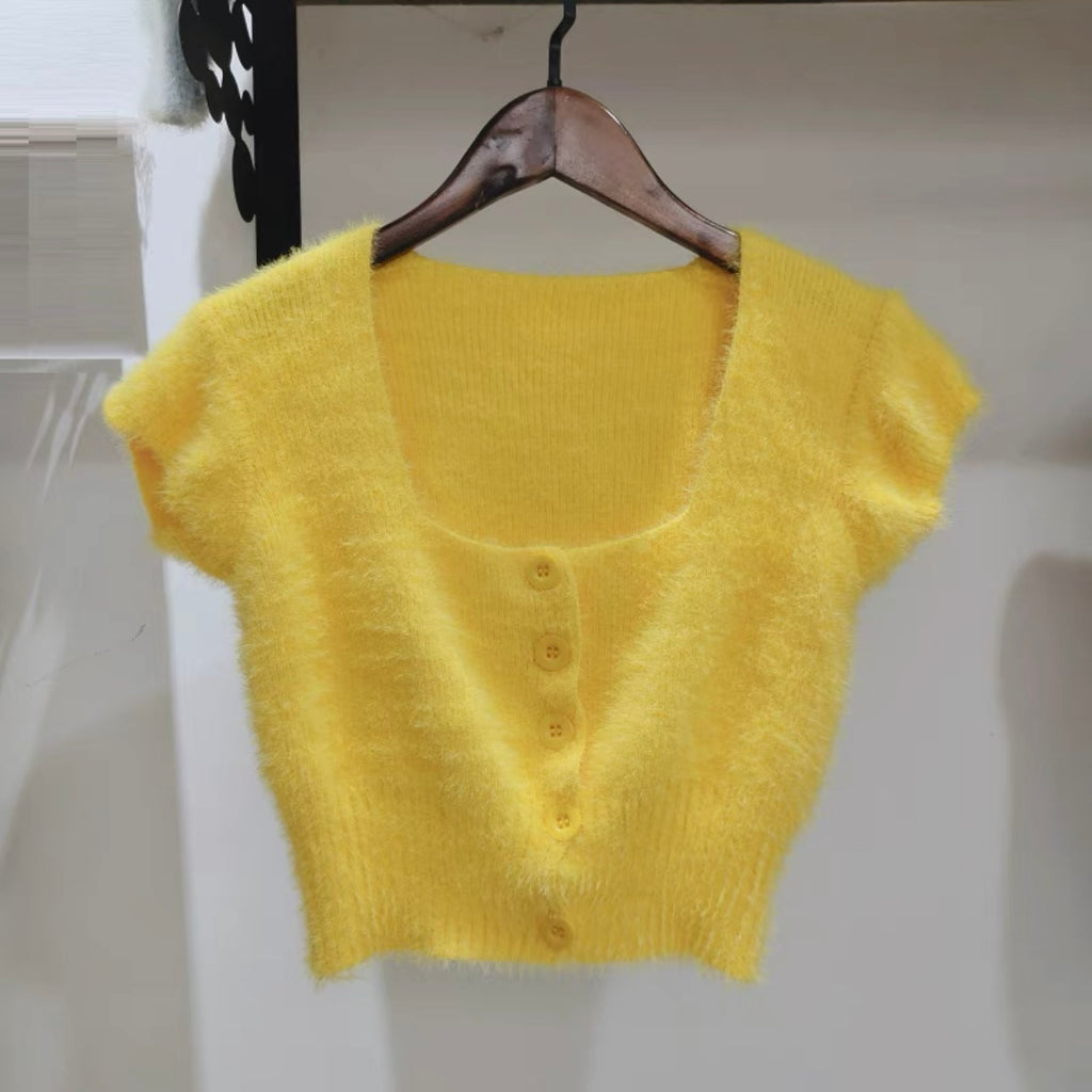 Rabbit Fur Soft Knitted Square Neck Button Down Crop Top