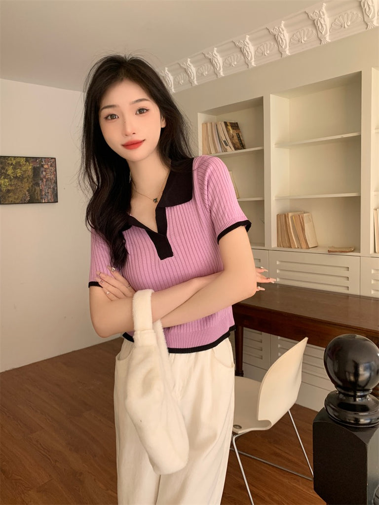 Color Contrasted Polo Neck Knitted Top