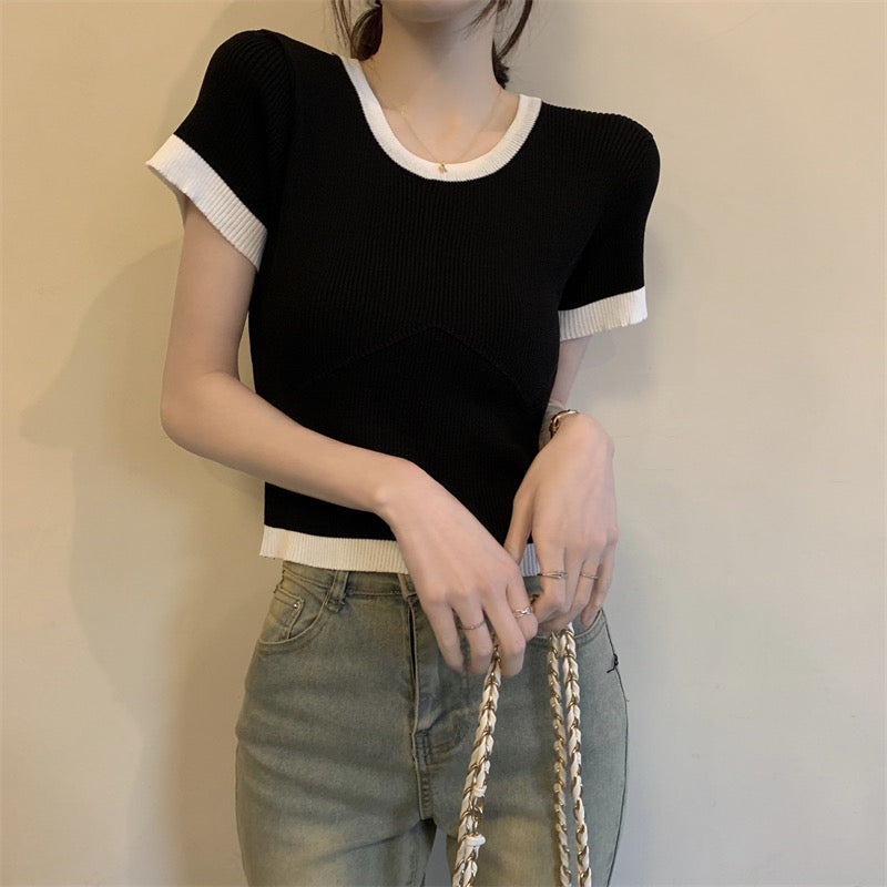 Stitching Design Ice Silk Knitted Top