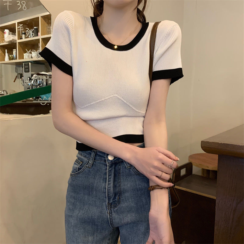Stitching Design Ice Silk Knitted Top