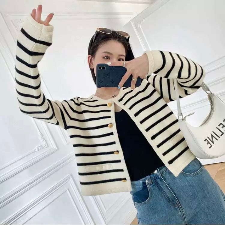 False Pocket Stripe Button Down Long Sleeve Woolen Knitted Cardigan Top