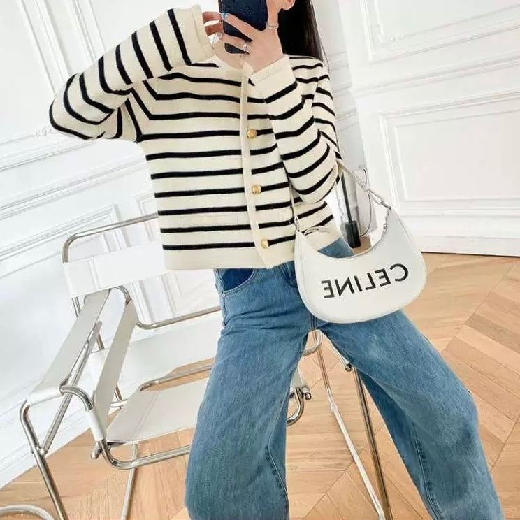 False Pocket Stripe Button Down Long Sleeve Woolen Knitted Cardigan Top