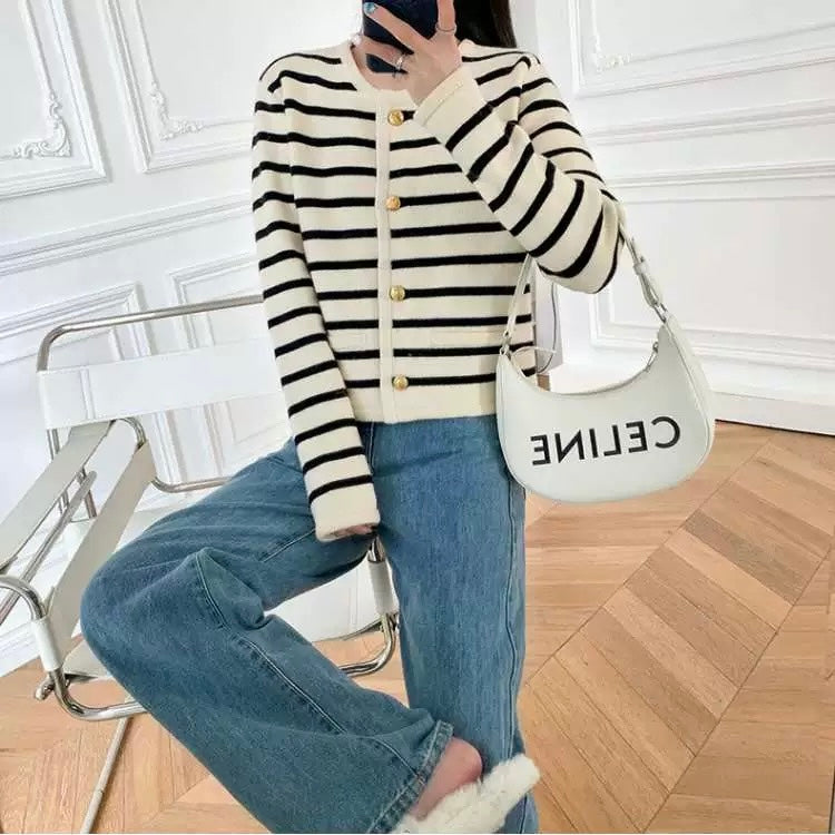 False Pocket Stripe Button Down Long Sleeve Woolen Knitted Cardigan Top