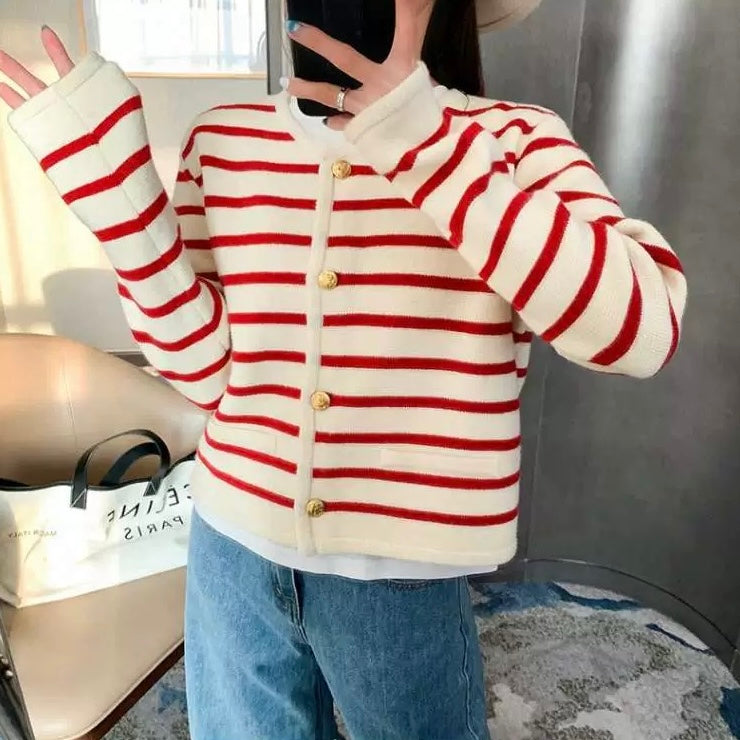 False Pocket Stripe Button Down Long Sleeve Woolen Knitted Cardigan Top