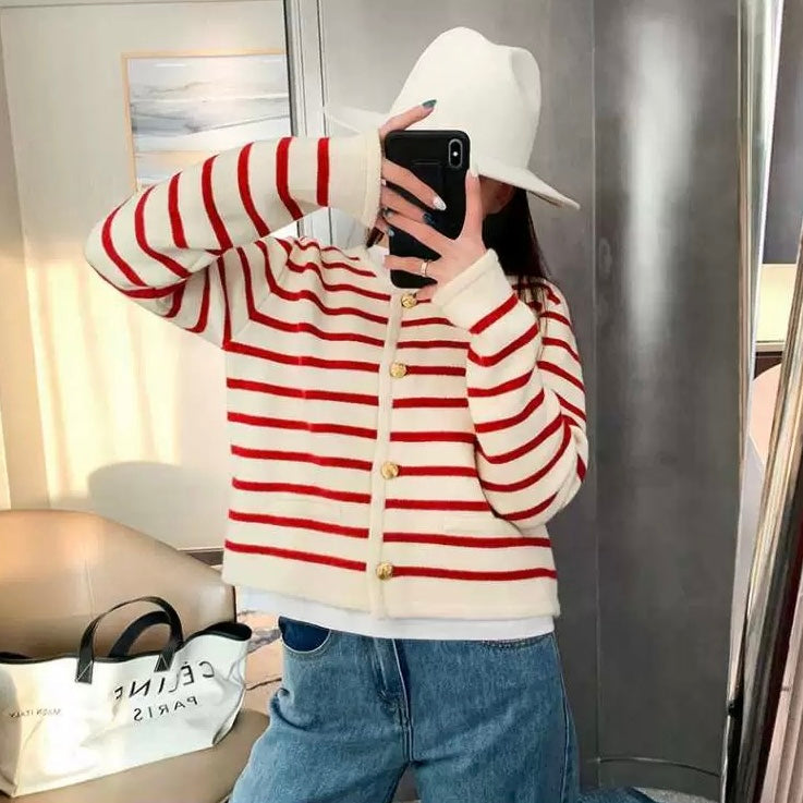 False Pocket Stripe Button Down Long Sleeve Woolen Knitted Cardigan Top