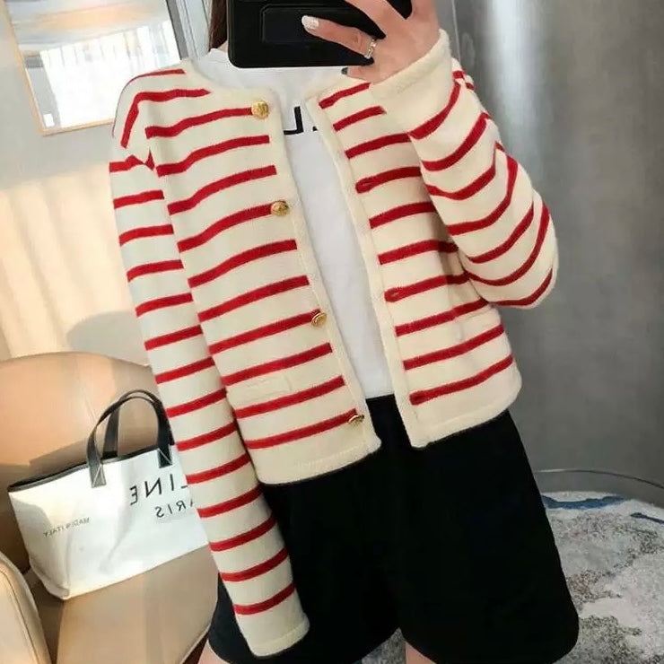 False Pocket Stripe Button Down Long Sleeve Woolen Knitted Cardigan Top