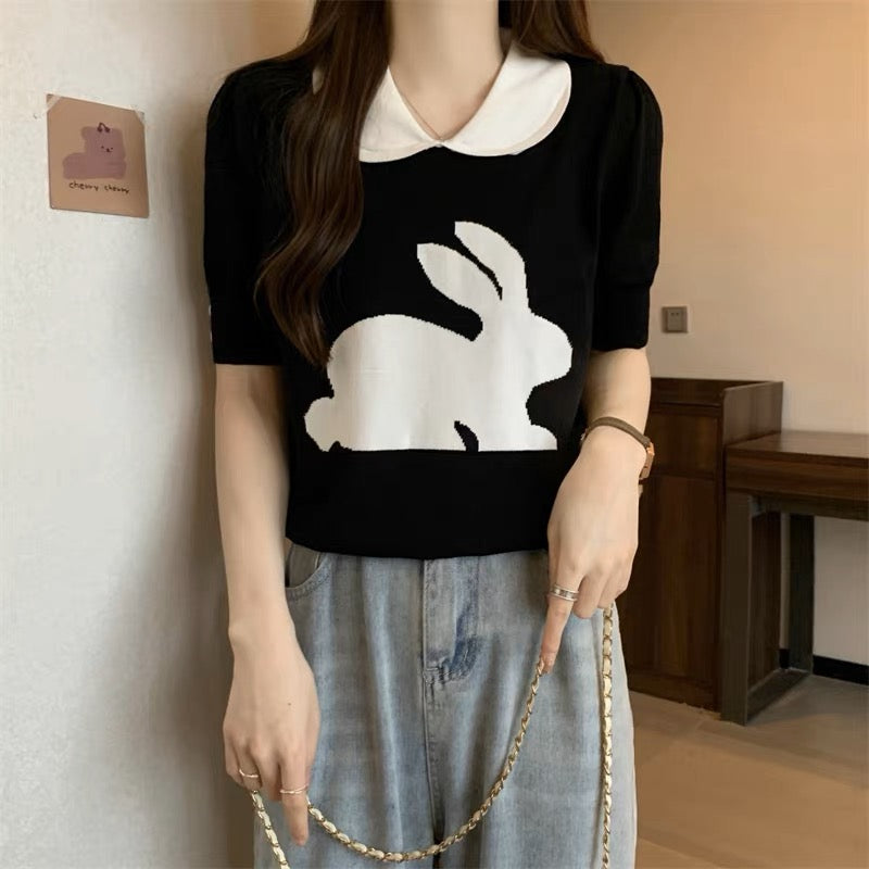 Rabbit Design Collar Neck Knitted Top