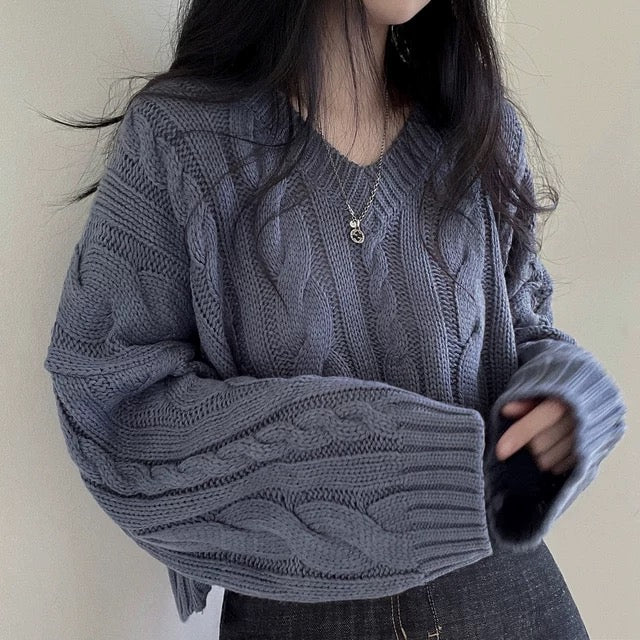 V-neck Long Sleeve Braided Pattern Woolen Knitted Loose Top