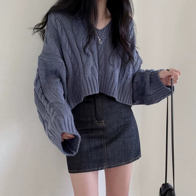 V-neck Long Sleeve Braided Pattern Woolen Knitted Loose Top