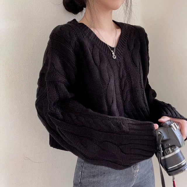 V-neck Long Sleeve Braided Pattern Woolen Knitted Loose Top