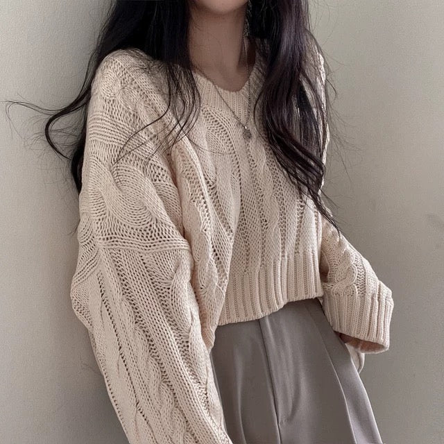 V-neck Long Sleeve Braided Pattern Woolen Knitted Loose Top