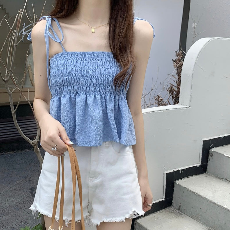 Shirred Upper Adjustable Shoulder Strap Cami Top