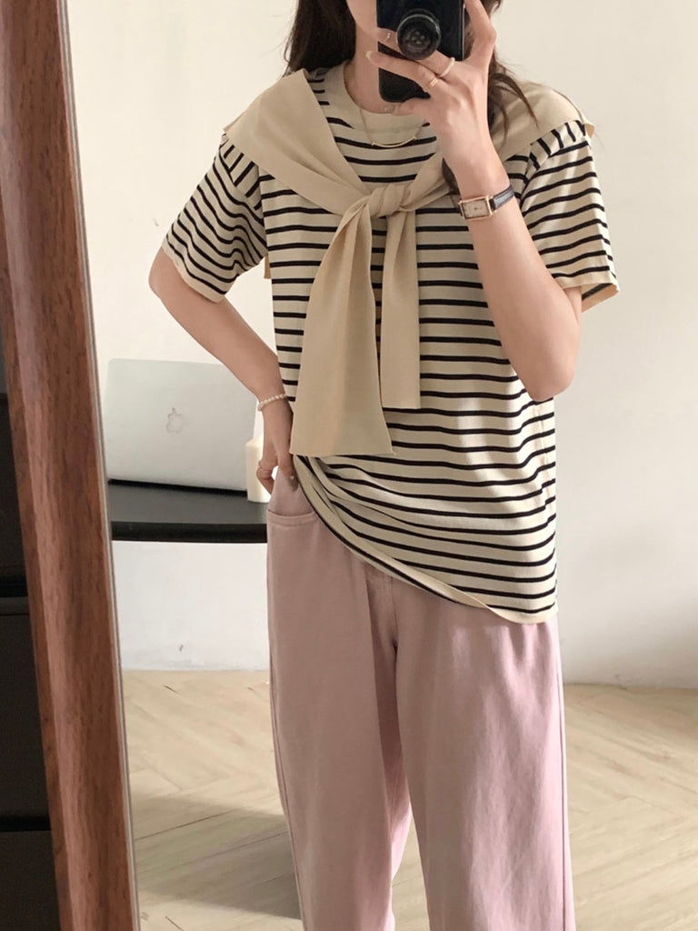 Stripe Cape Tie Loose Knitted Top