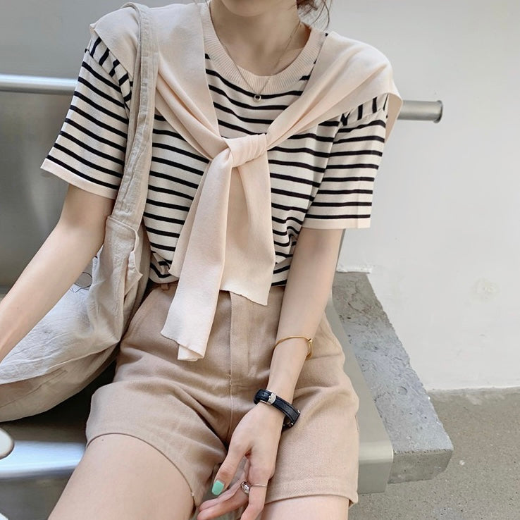 Stripe Cape Tie Loose Knitted Top
