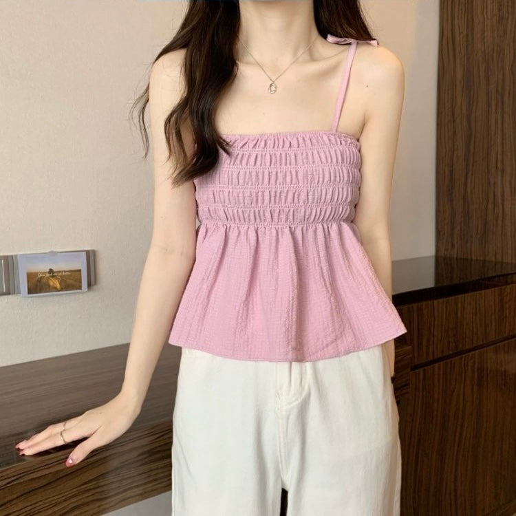 Shirred Upper Adjustable Shoulder Strap Cami Top