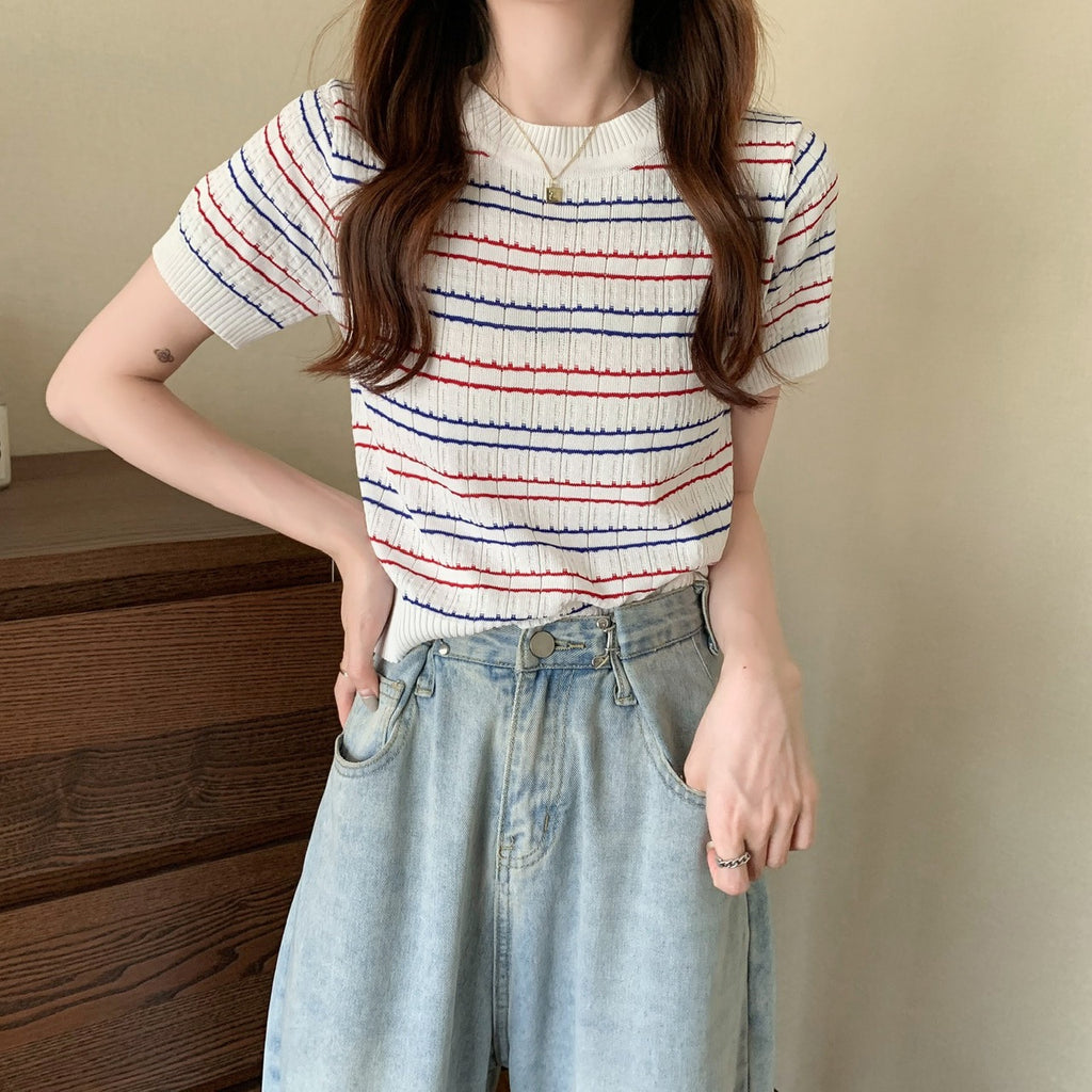 Unique Stripe Knitted T-shirt Top
