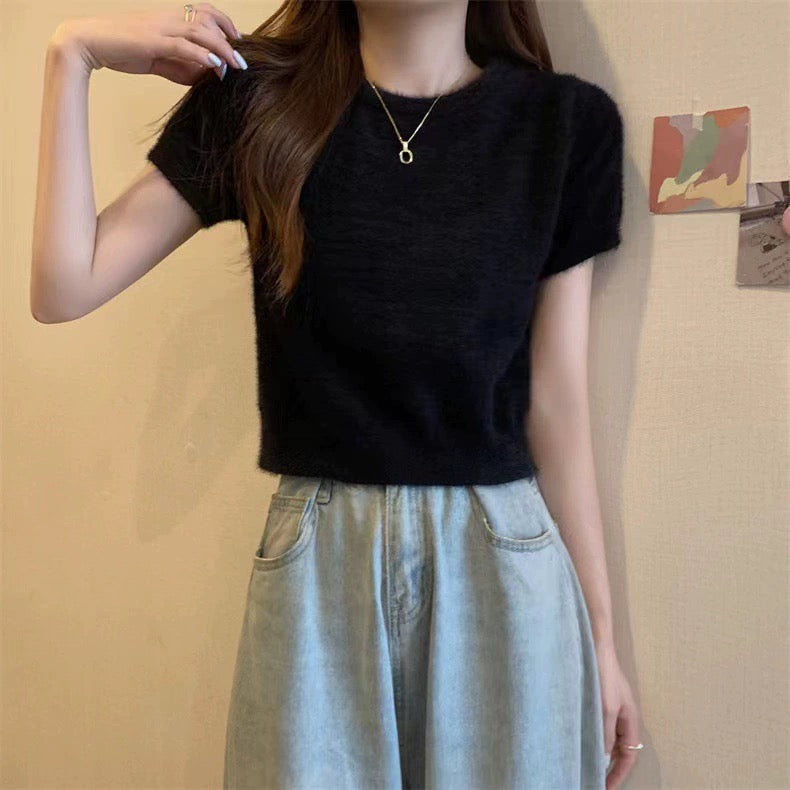 Fur Knitted Round Neck Short Sleeve Top