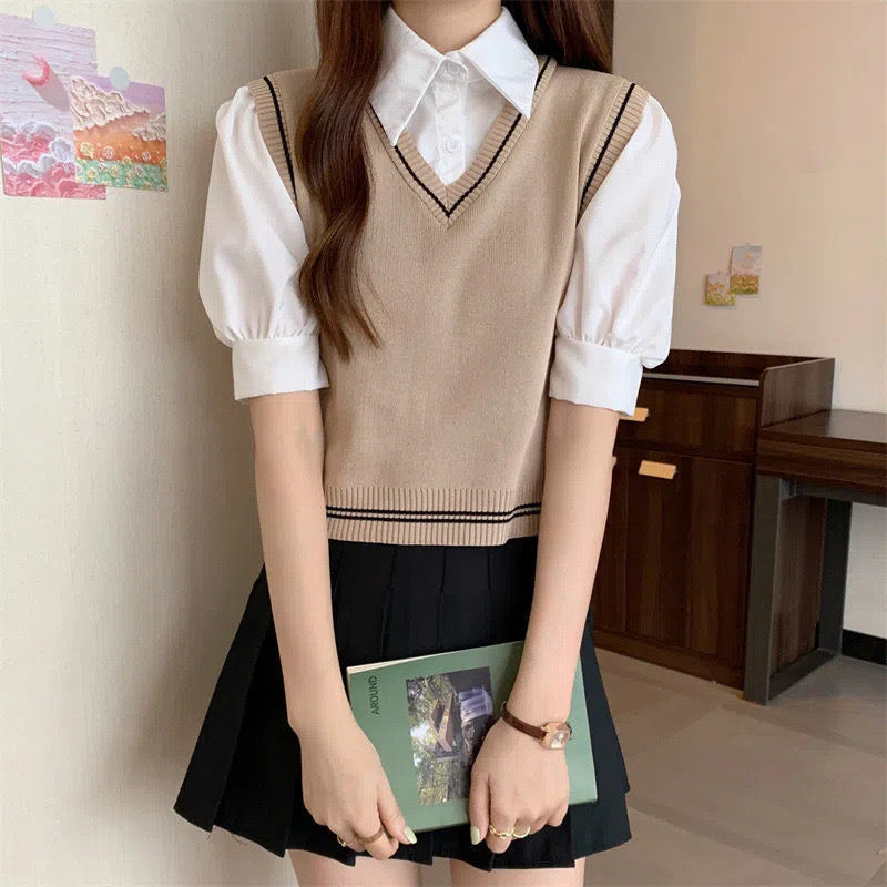 Polo Neck False 2 in 1 Knitted Shirt Top