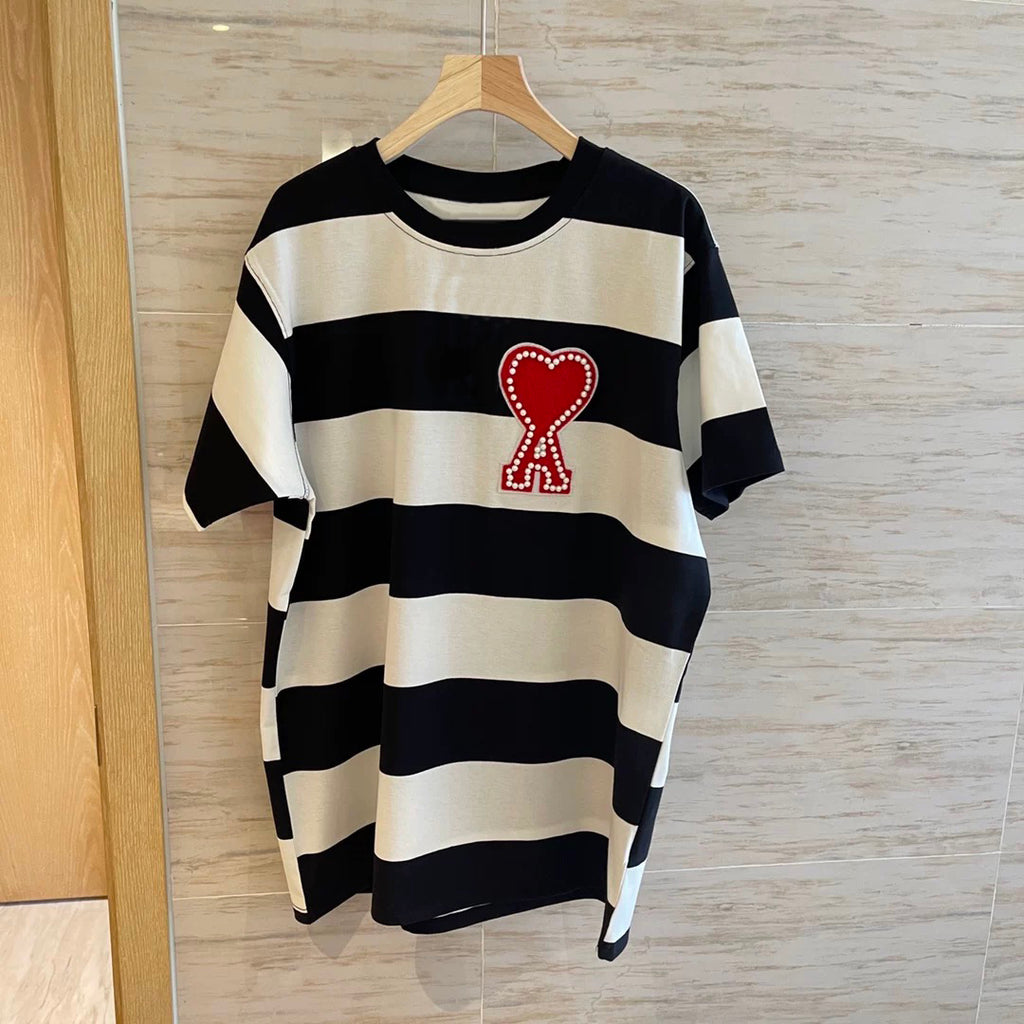 Pearl Red Heart Detail Stripe Oversize Knitted Top