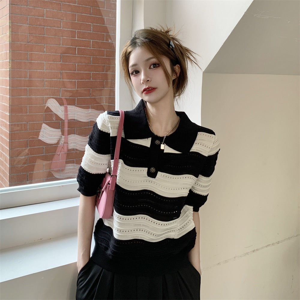 Eyelet Wave Pattern Polo Neck Knitted Top
