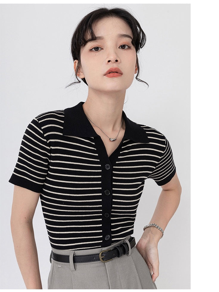 Button-up Stripe Polo Neck Knitted Top