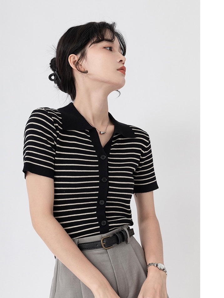Button-up Stripe Polo Neck Knitted Top