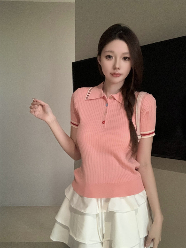 Colorful Buttons Collar Neck Button Down Rib Knitted Top