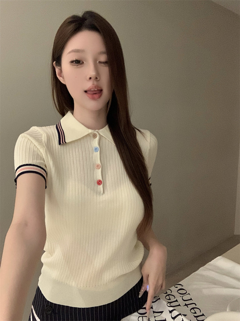 Colorful Buttons Collar Neck Button Down Rib Knitted Top