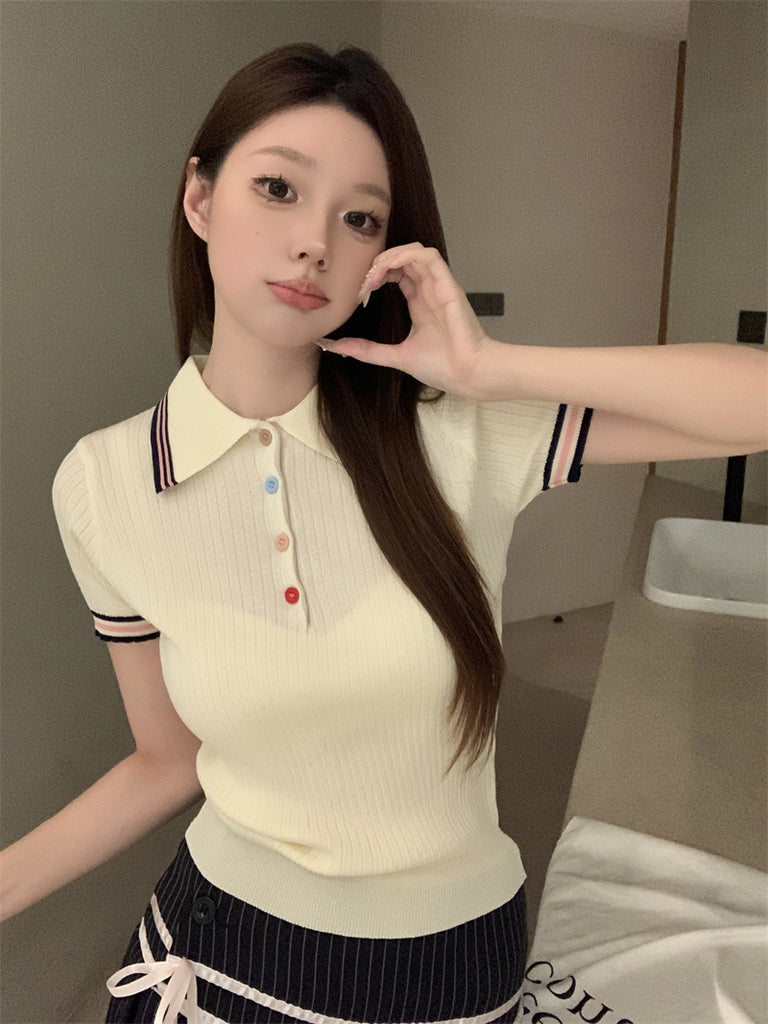 Colorful Buttons Collar Neck Button Down Rib Knitted Top