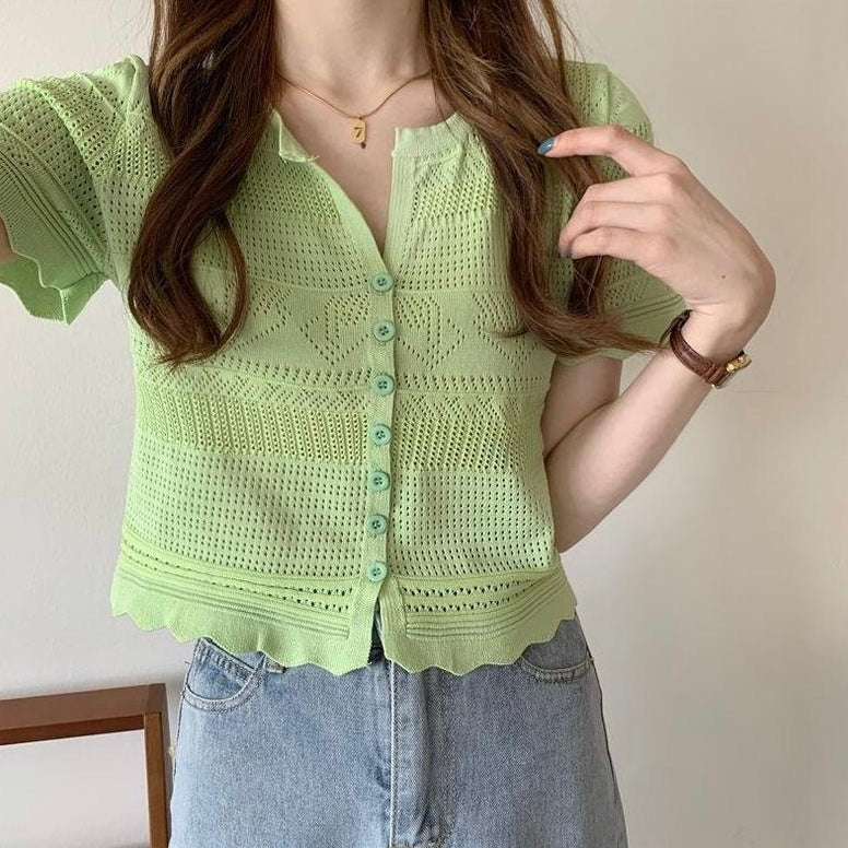 Button Down Eyelet Pattern Knitted Cardigan Top