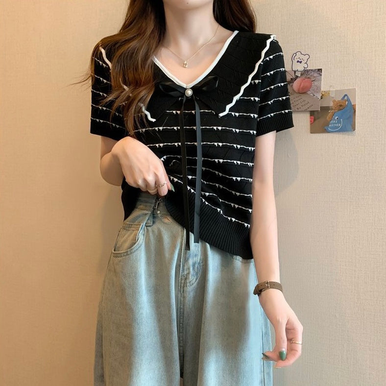 Pearl Ribbon Collar Neck Embossed Pattern Knitted Top
