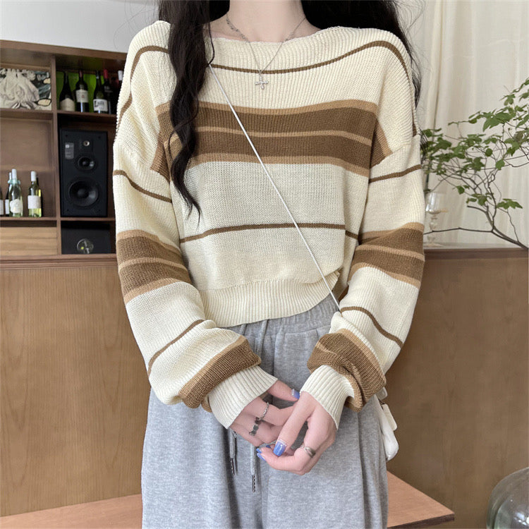 Long Sleeve Color Contrasted Stripe Knitted Top