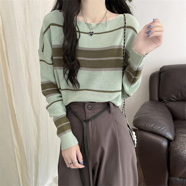 Long Sleeve Color Contrasted Stripe Knitted Top