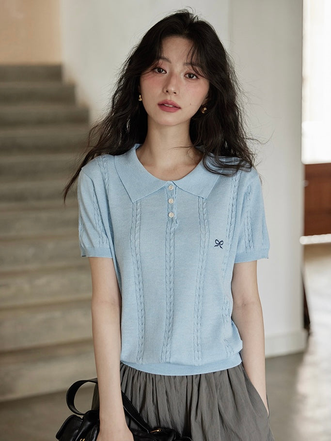 Embroidery Ribbon Collar Neck Button Down Braided Pattern Knitted Top