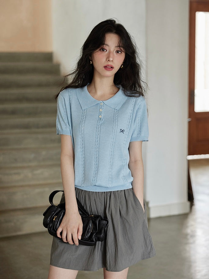 Embroidery Ribbon Collar Neck Button Down Braided Pattern Knitted Top