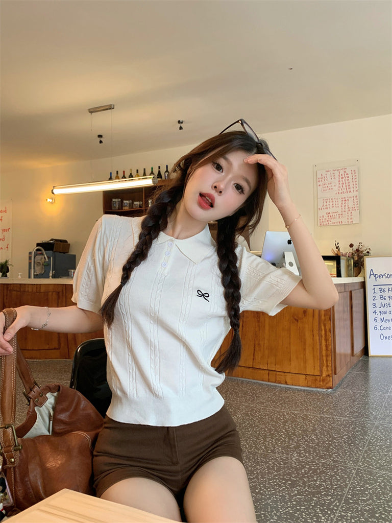 Embroidery Ribbon Collar Neck Button Down Braided Pattern Knitted Top