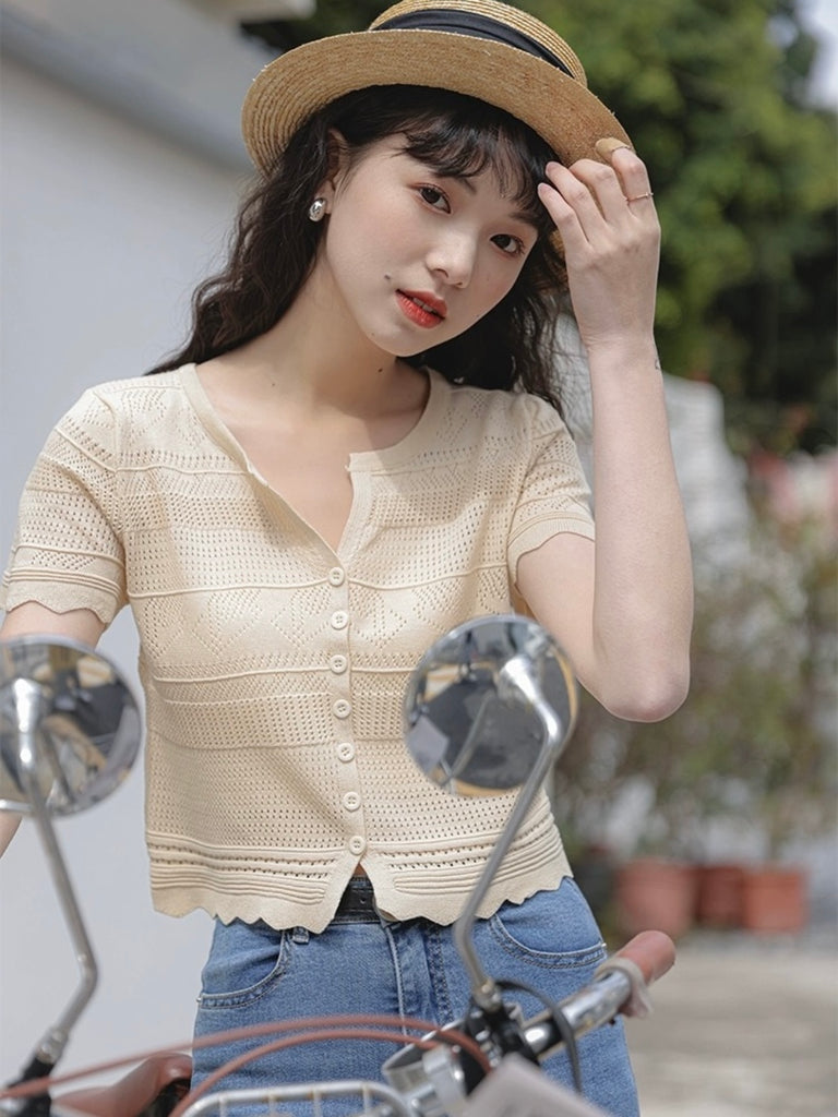 Button Down Eyelet Pattern Knitted Cardigan Top