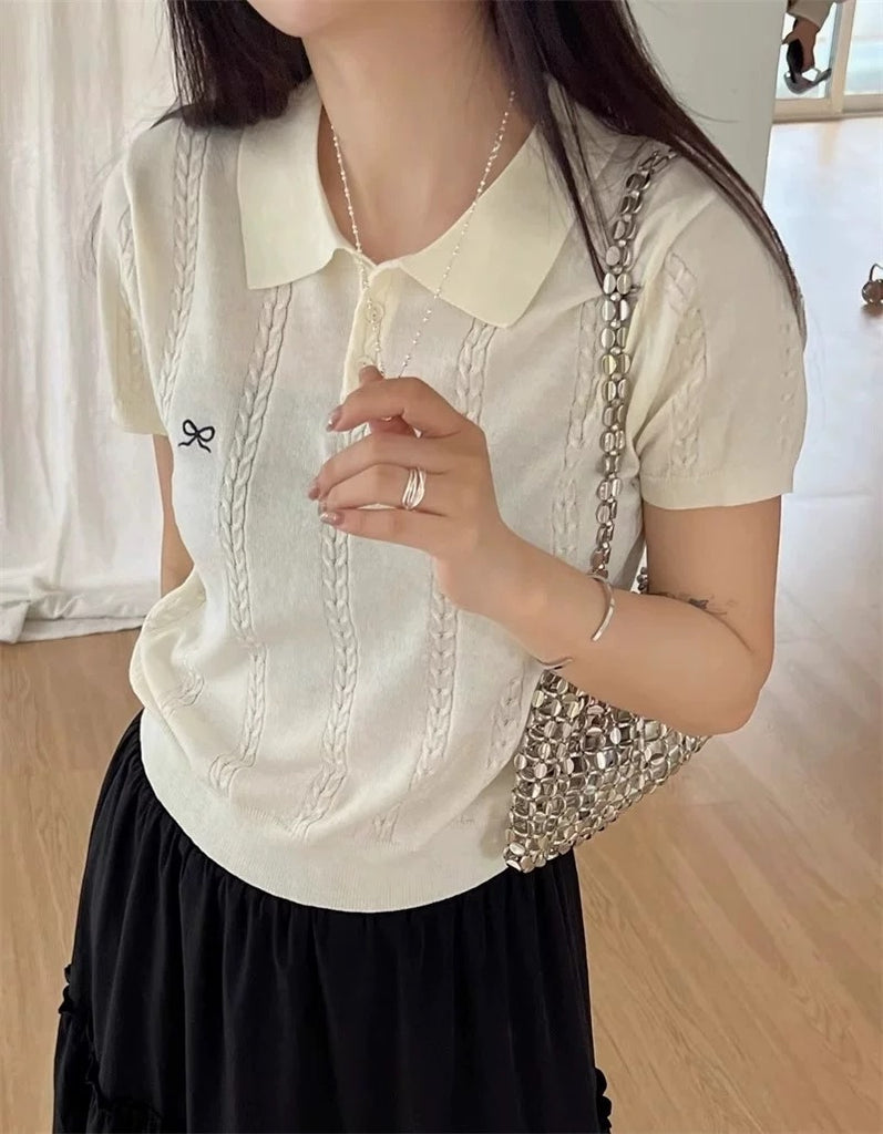 Embroidery Ribbon Collar Neck Button Down Braided Pattern Knitted Top